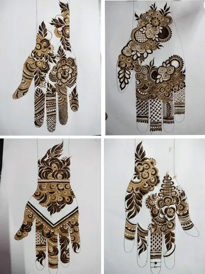 A showcase of four more unique hand designs, demonstrating different ways to use floral elements, paisleys, and negative space.