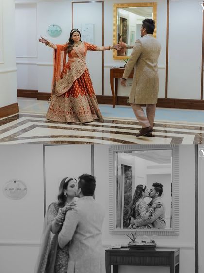 A playful and romantic sequence captured in a hotel corridor. From the bride's joyful twirl to a sweet kiss reflected in a mirror, this collage tells a story of love and happiness.