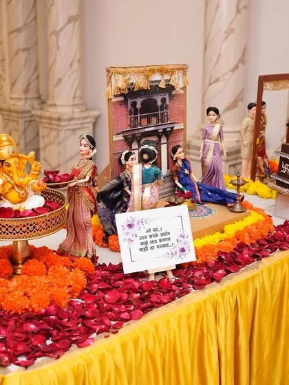 Our rental *rukhwat* setups are designed to be the heart of your baby shower decoration. This display begins with a Ganesha idol, symbolizing auspicious beginnings for the growing family.