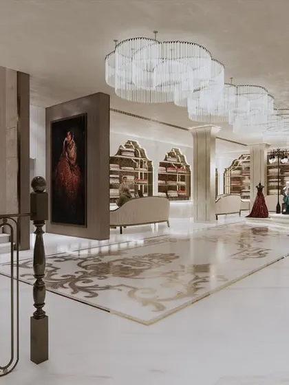This render for the Frontier Bazaar bridal store illustrates my approach to luxury retail design. The space combines French classical elegance with grand Indian motifs, featuring ornate floor inlays, custom chandeliers, and a majestic staircase to create an enchanting shopping journey.
