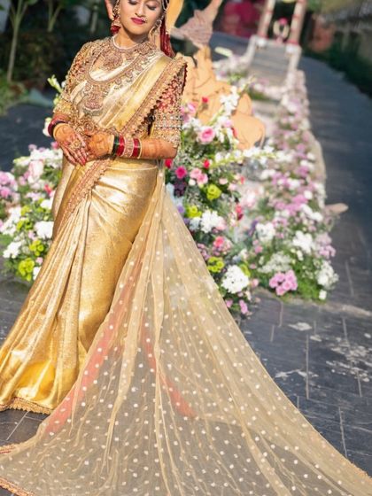 Additional views showcasing the variety and detail of my heirloom bridal sarees. Each image captures a different angle, moment, or detail, from full portraits to close ups of the fabric and embroidery, illustrating the complete story of each bride's custom creation.