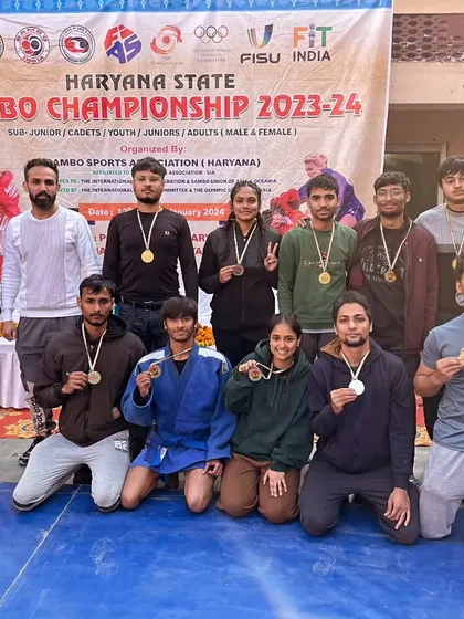 The Gurugram team, including many of our students, after a successful campaign at the Haryana Sambo State Championship. We are proud to build champions who represent our state.