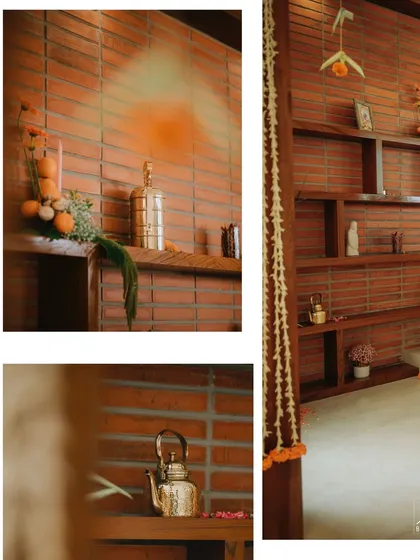 A collage of the vintage and brass elements used in the housewarming decor.
