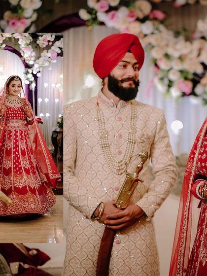 A collage from a beautiful Sikh wedding, showing the groom's anticipation and the bride's graceful entrance. It tells the story of the moments leading up to their union.