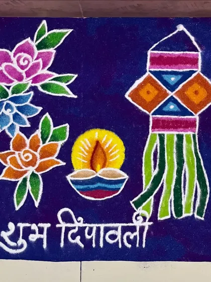 A full view of a classic Diwali rangoli composition. This type of design is perfect for apartment doorways or smaller spaces, bringing festive color without taking up too much room.
