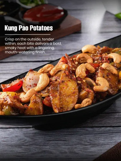 For those who love a bit of spice, our Kung Pao Potatoes are a must try. We toss crispy potatoes with cashews, onions, and peppers in a bold, smoky sauce for a starter that's packed with flavor.