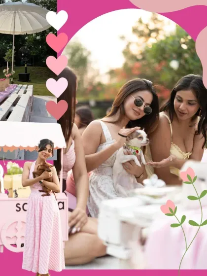 A collage from the puppy picnic, showcasing the happy guests, the adorable puppies, and the stylish pink and white decor.