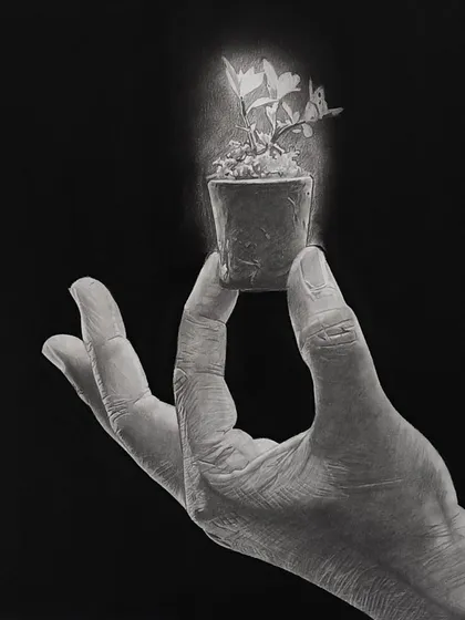 "Earth." This piece shows a hand delicately holding a tiny potted plant, symbolizing life and nature.