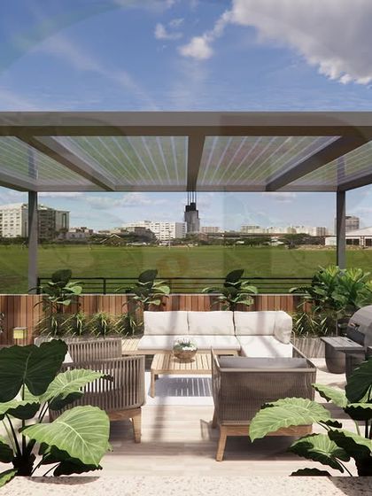 This 3D design showcases a complete outdoor living setup on a terrace. It includes a freestanding pergola, a comfortable lounge area, a BBQ grill, and large planters, all overlooking a wide-open space.
