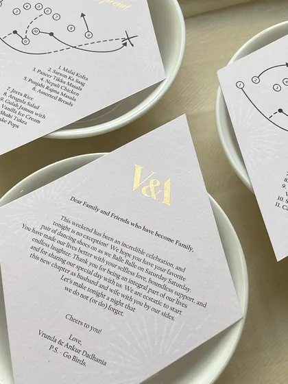 A unique reception menu designed for a football-loving couple. The menu items are laid out like a strategic play, a fun and personal touch that reflects the couple's personality.