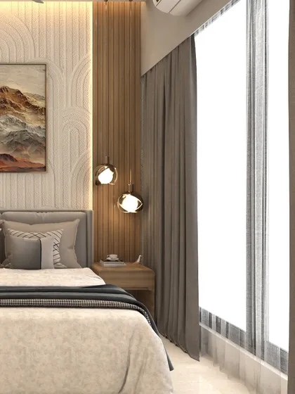 This 3D view highlights the lighting plan for the bedroom, with pendant lights for ambiance and natural light from the large window. The sheer and blackout curtains offer flexible light control.