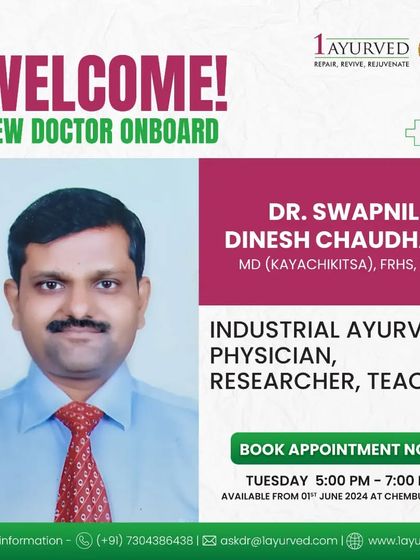 We are pleased to have Dr. Swapnil Dinesh Chaudhari on our team. As an Industrial Ayurveda Physician, researcher, and teacher, he brings a wealth of diverse experience to our Chembur clinic.