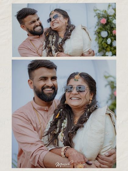 Two portraits capturing the infectious laughter and happiness of the couple during their fun-filled Haldi ceremony.