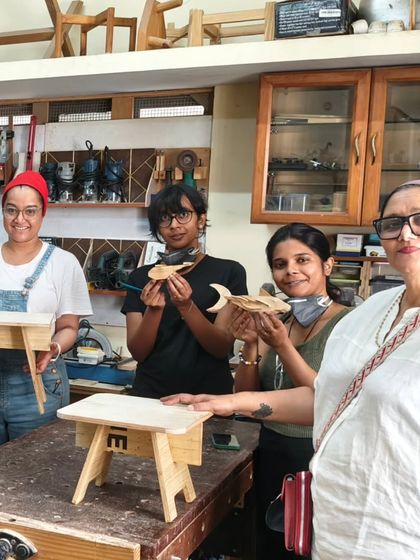 It's always a joy to see a group of new woodworkers with their finished pieces. Here we have a couple of small stools and some fun, fish-shaped cutouts.