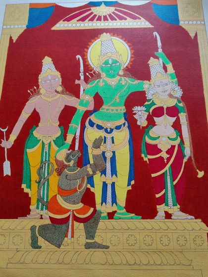 A later stage of the Ram Darbar painting, with more shading and detail added to the clothing and figures. The piece is getting closer to completion.