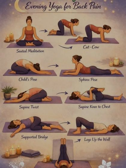 This chart shows a simple evening yoga sequence specifically for back pain. It includes gentle poses like Cat-Cow, Child's Pose, and Legs Up the Wall to help you unwind and release the day's tension before sleep.