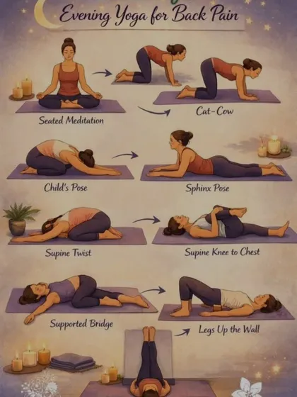 An easy to follow chart for an evening yoga session to relieve back pain. It includes gentle poses like Child's Pose, Sphinx Pose, and Supported Bridge to help you unwind and release the day's tension.