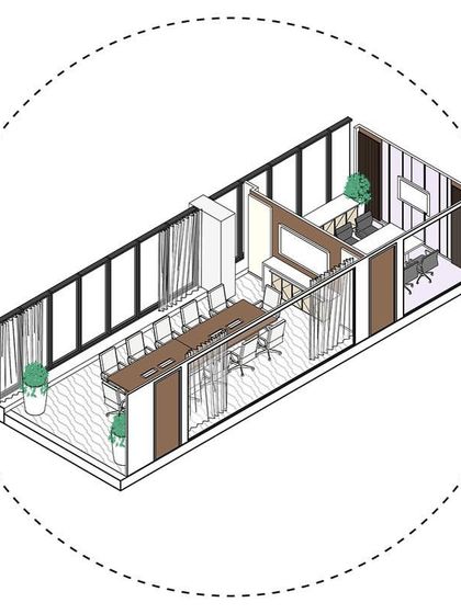 A detailed axonometric drawing of a meeting room and adjacent office suite from 'The Office with A View'. This technical drawing illustrates the spatial relationships and furniture layout planned for the executive area.