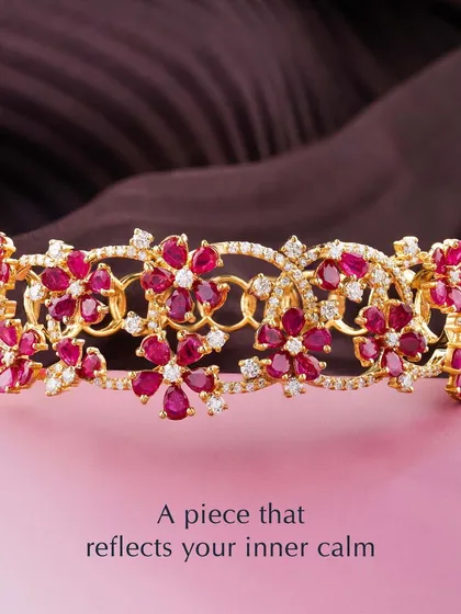 A piece that reflects your inner calm and outer fire. This intricate bracelet features clusters of rubies and diamonds, creating a design that is both delicate and bold.