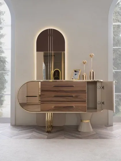 The Retro dressing unit with its doors open, revealing the ample and well-organized storage space within. This piece is as functional as it is beautiful.