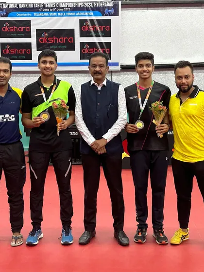 A group photo with the winners and coaches at the All India Ranking Tournament.