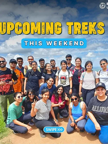 A large group of trekkers posing on a sunny day. Check out our full list of upcoming weekend adventures.