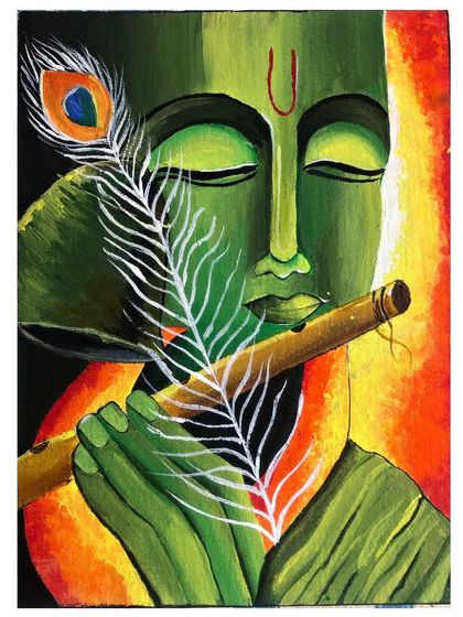 A detailed shot of the green Krishna painting, showcasing the texture and layering of the acrylic paint.