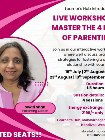 This is my live workshop designed just for mothers, "Master the 4 P's of Parenting." In four interactive, face-to-face sessions, we discuss practical strategies for building a strong relationship with your child in a comfortable Hinglish environment.