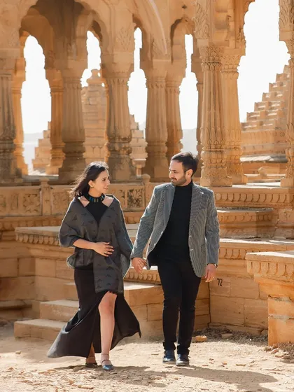 Walking hand-in-hand through the historic ruins of Jaisalmer. This image captures a sense of shared journey and discovery, with the ancient stones bearing witness to a new love story.