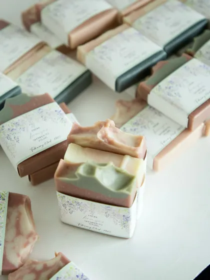 A collection of the baby shower favors, showing the different soap textures and colors.
