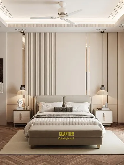 This render shows the bed wall of a master bedroom design, featuring vertical grooves and asymmetrical metallic strips for a modern, luxurious feel. The herringbone wood flooring adds warmth and texture.