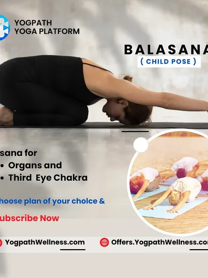 Balasana, or Child's Pose, is a gentle resting posture that encourages introspection and mindfulness. It stimulates the third eye chakra and brings a sense of calm and surrender.