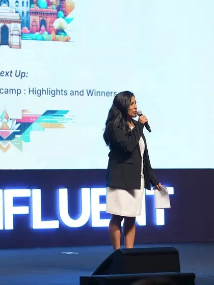 Announcing the winners of the Engineering Interns Bootcamp at a Confluent event. I bring energy and excitement to every segment, including internal recognition and award ceremonies within a conference.