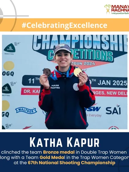 Our shooter Katha Kapur proudly displays her Team Gold and Team Bronze medals won in Trap and Double Trap events at the 67th National Shooting Championship.