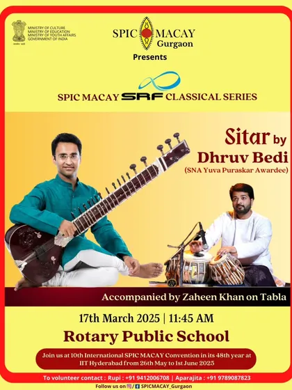 A poster for a SPIC MACAY performance at Rotary Public School, mentioning my Sangeet Natak Akademi 'Yuva Puraskar' award.