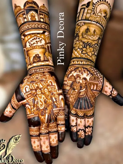 Groom's mehndi can be just as detailed and meaningful. For Bhavin, we included the London skyline, a yacht, and a portrait of him with his bride, Disha. It’s a beautiful way for the groom to carry his own part of their shared story.