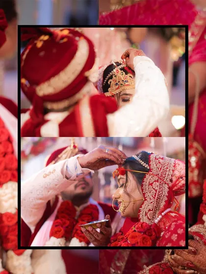 A close-up of the sindoor ceremony, one of the most sacred rituals. We focus on this intimate moment, capturing the groom's careful application and the bride's serene acceptance.