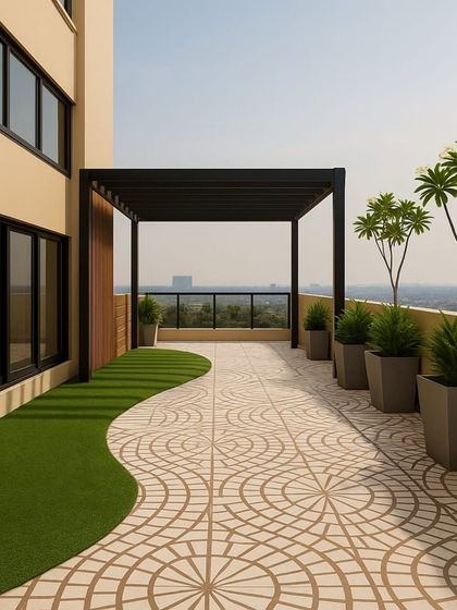 A beautiful combination of patterned floor tiles and a strip of artificial grass adds character and a touch of green to this modern balcony.