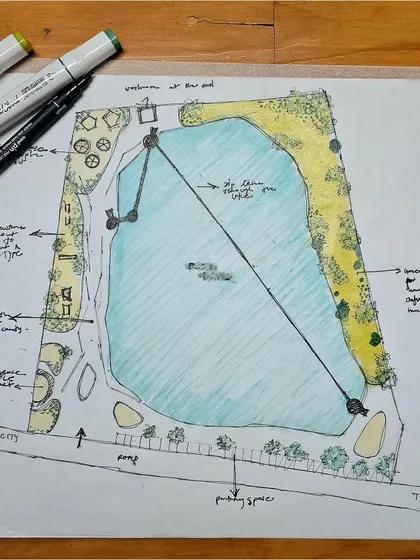 This iteration of the lakefront plan shows a more detailed layout of amenities. We've defined spaces for public gatherings, walking paths for social strolls, and specific zones for activities, demonstrating how the design evolves from a broad concept to a structured plan.