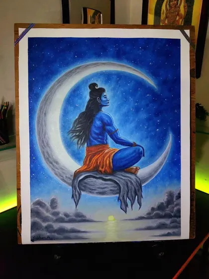 The completed oil painting of Mahadev seated on the moon, set against a starry night sky. This piece is all about capturing a sense of peace and cosmic energy.