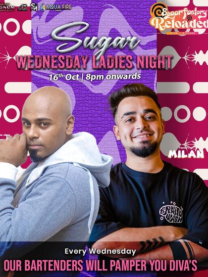 A vibrant flyer for a Wednesday Ladies Night, promising to 'pamper you divas'.