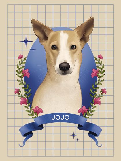 A slightly different take on Jojo's digital portrait. The composition remains focused on his friendly face, framed by florals and a banner, ensuring his personality is the star of the artwork.