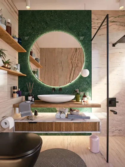 A variation of our luxury bathroom design, this render shows the beautiful interplay between the green marble, light-toned stone walls, and warm wood accents. The floating vanity and wall-mounted toilet enhance the sense of space.