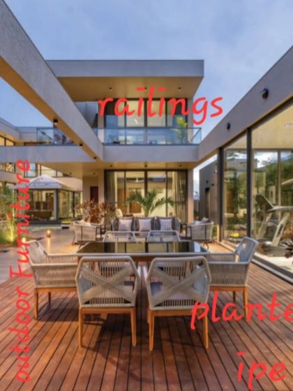 Everything you need for the outdoors, all in one place. This image highlights our integrated offerings: decking, furniture, planters, railings, and windows.