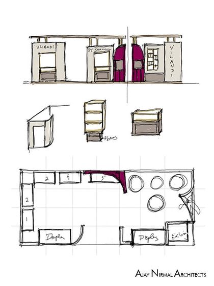 The initial concept sketch for the Villandi '22 stall. This drawing includes a rough floor plan and elevation ideas, capturing the first thoughts on zoning, proportions, and key features like the corner vault.