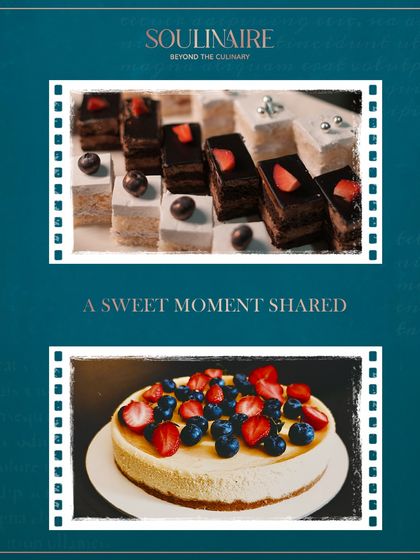 A collage celebrating sweet moments, with classic petit fours and a whole blueberry cheesecake. We believe dessert is a form of happiness.