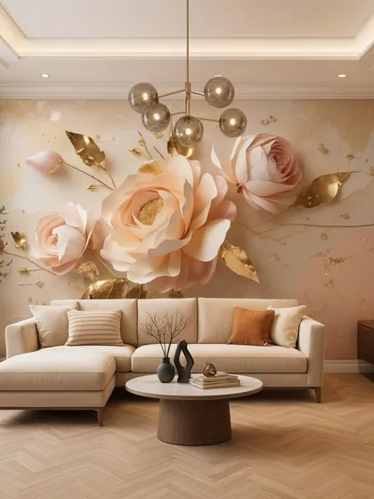This 5D wallpaper features large, soft pink roses with golden leaves, creating a romantic and luxurious feel. The embossed details add a realistic, tactile quality.