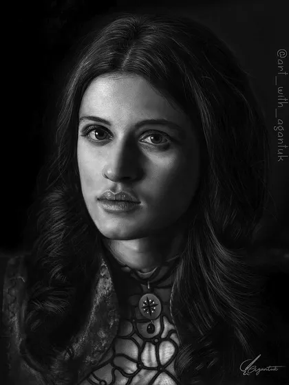 This is my black and white portrait of Yennefer from The Witcher series. Working in monochrome allows me to focus entirely on light, shadow, and form. I spent around 35 hours on this piece, carefully rendering her expression and the details of her necklace and clothing.