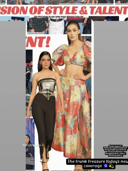 A press clipping showing two of my designs on the runway: a floral two-piece set with puff sleeves and a black ensemble with a metallic corset top.