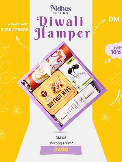 This graphic highlights a special early bird offer on my Diwali hampers. The featured box contains dry fruit bites, earphones, and other items, making it a great value-for-money corporate gift.